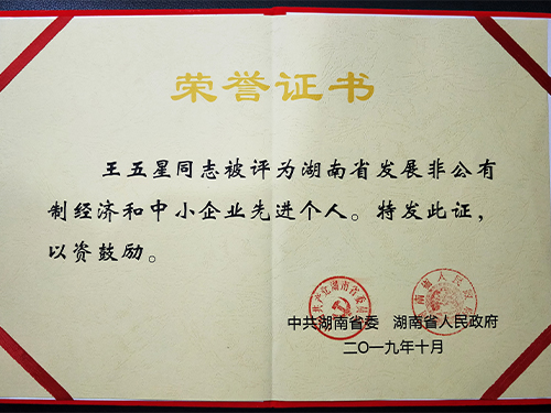 董事長(cháng)王五星被湖南省委、省政府評為湖南省發(fā)展非公有制經(jīng)濟和中小企業(yè)先進(jìn)個(gè)人